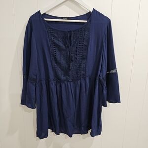 Mark 1X 18W 20W Navy Blue Boho Peasant Blouse Lace Trim Tassel Tie Flare Sleeve